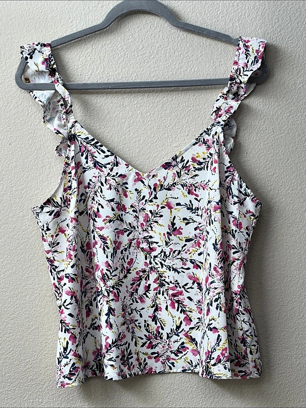 French Connection Breya Elitan Ruffle Strap Cami Blue White & Pink XL